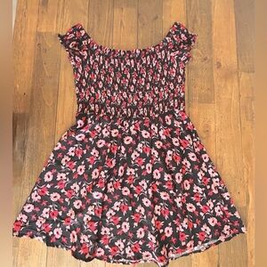 EXPRESS Black with pink/red Floral smocked top mini sundress off the shoulder